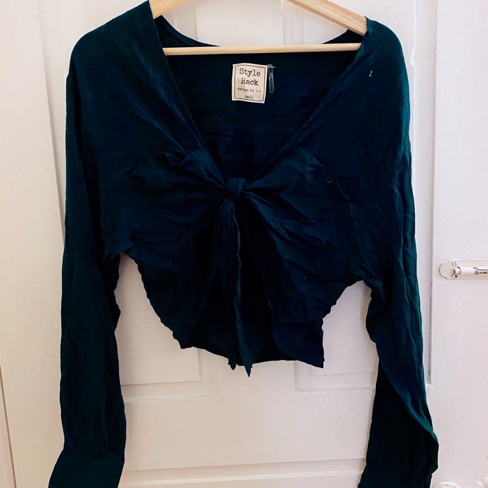Blue cropped front-tie blouse